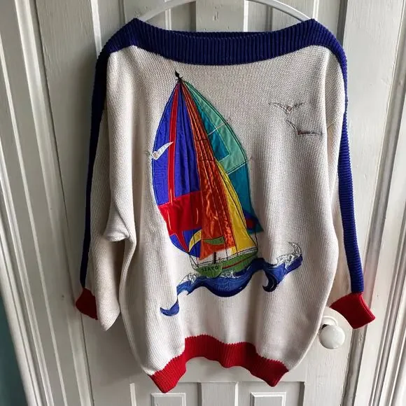 Vintage 80s Sinthia Szato Marisa Christina Sailboat Embellished Sweater - Picture 2 of 10